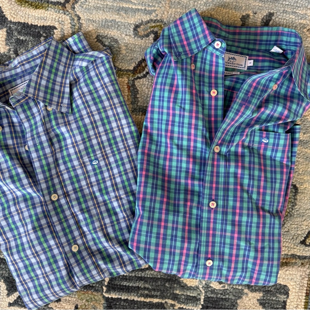 Southern Tide sz MED Plaid Button-Down Shirts - Blue and Green- both for $19